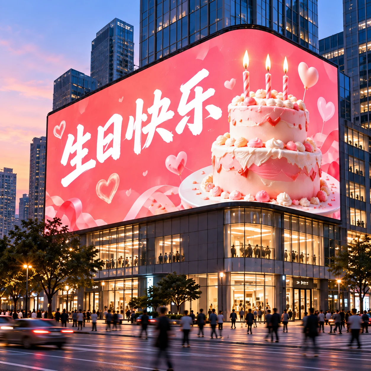 生日祝福效果示意：粉色城市大屏上展示生日蛋糕和生日快乐祝福