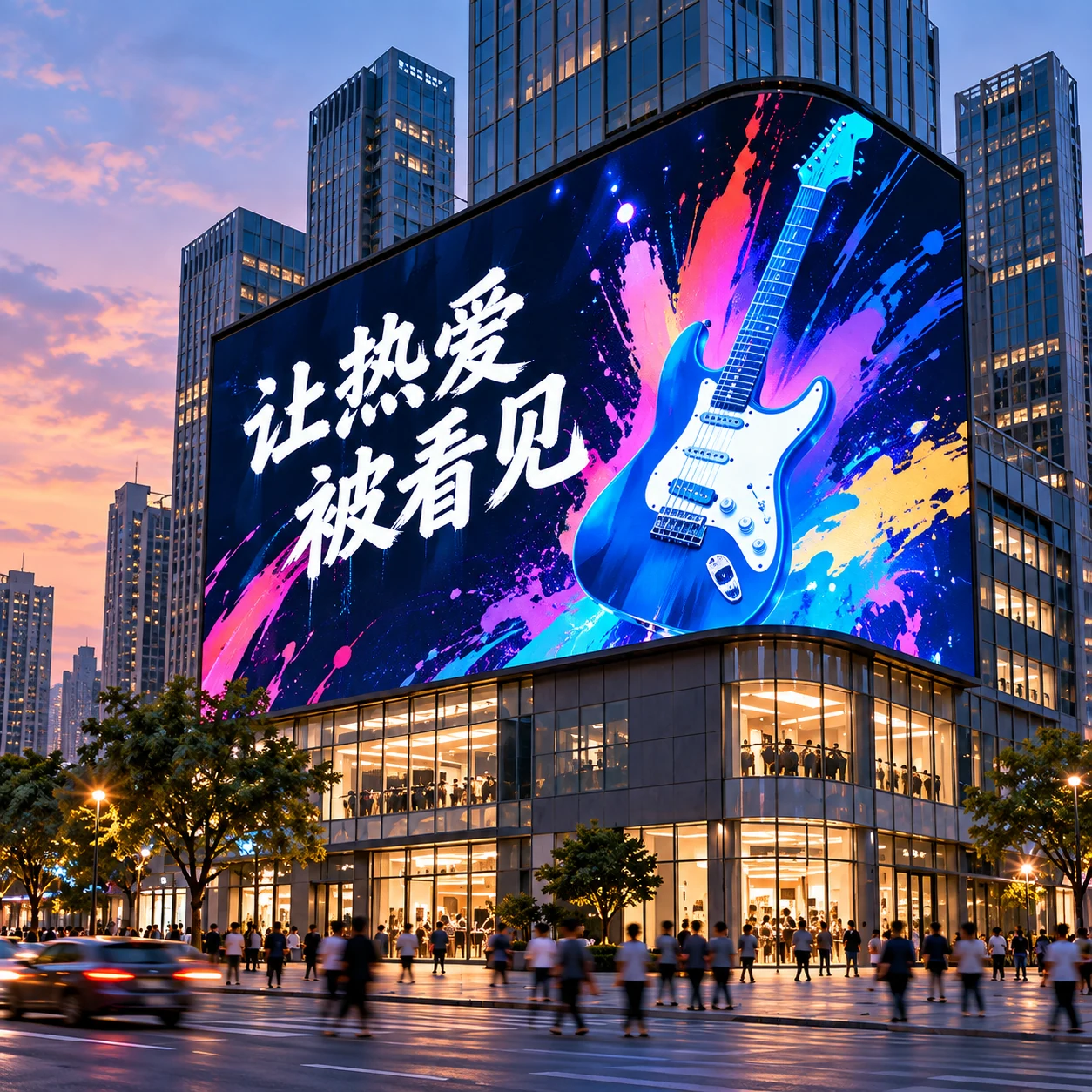 活动宣传效果示意：城市大屏上展示彩色吉他活动海报