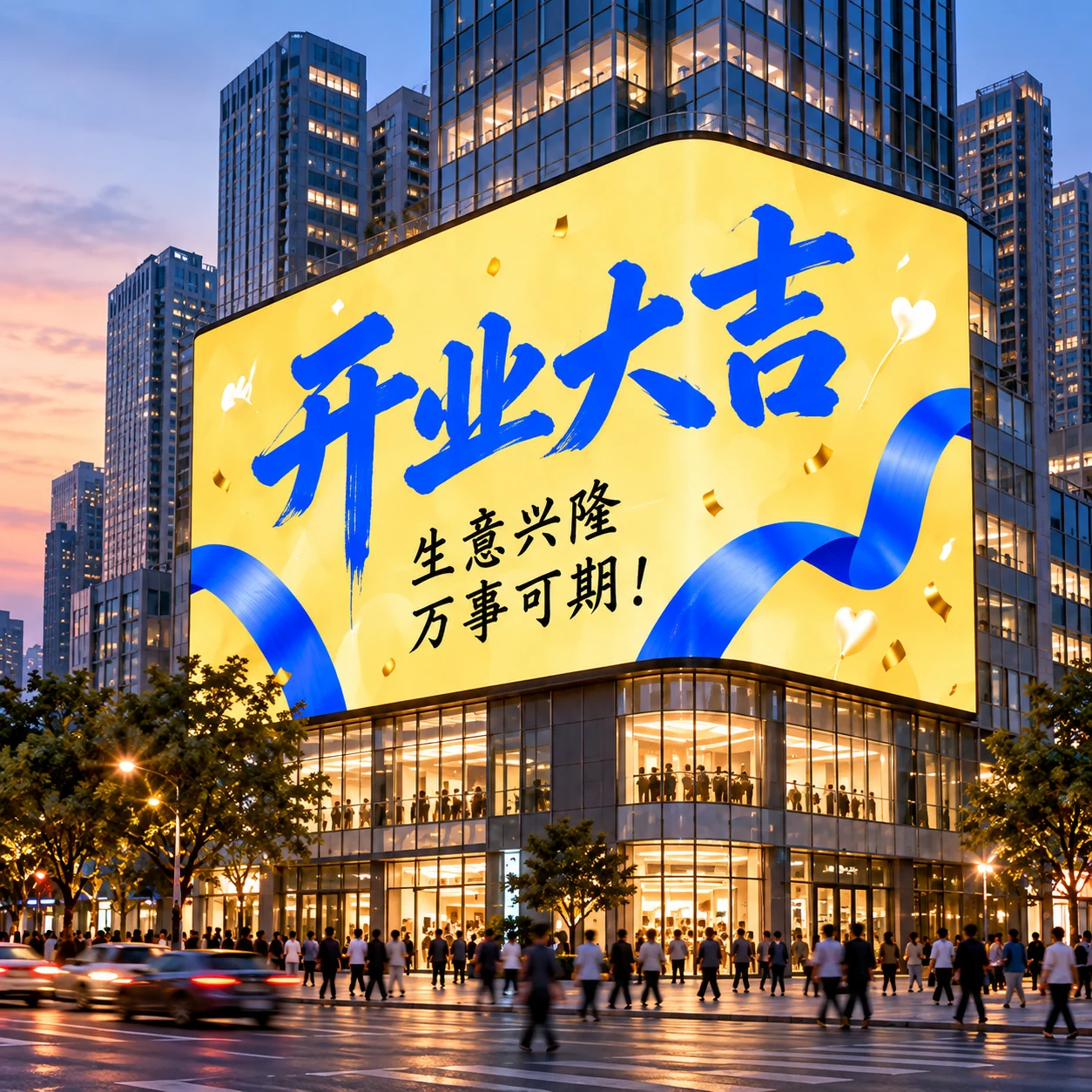 商家开业效果示意：明黄色大屏上展示开业大吉和蓝色飘带